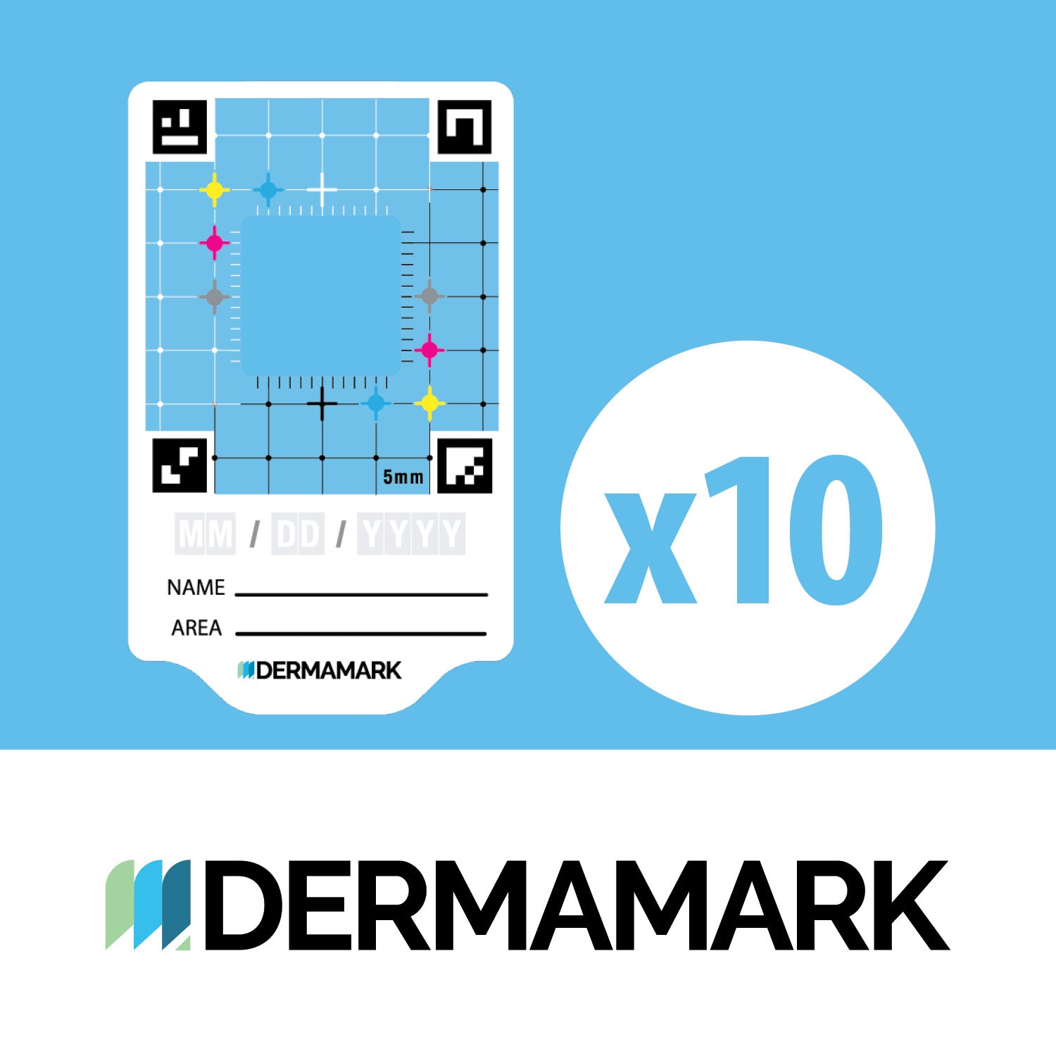 Dermamark skin tracking sticker with grid, color markers, and 5mm scale for mole monitoring, pack of 10